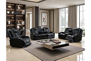 Toseslo Power Recliner Sofa Set with Drop-Down Table, 3-Piece Leather Reclining Sofa Sectional Couches, Living Room Furniture Sets, Reclining Sofa with Cup Holders/Storage Console for House(Black)