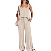 Caracilia Women Summer 2 Piece Lounge Sets Outfits Casual Matching Tank Top Wide Leg Pants Set Travel Beach Vacation Clothes