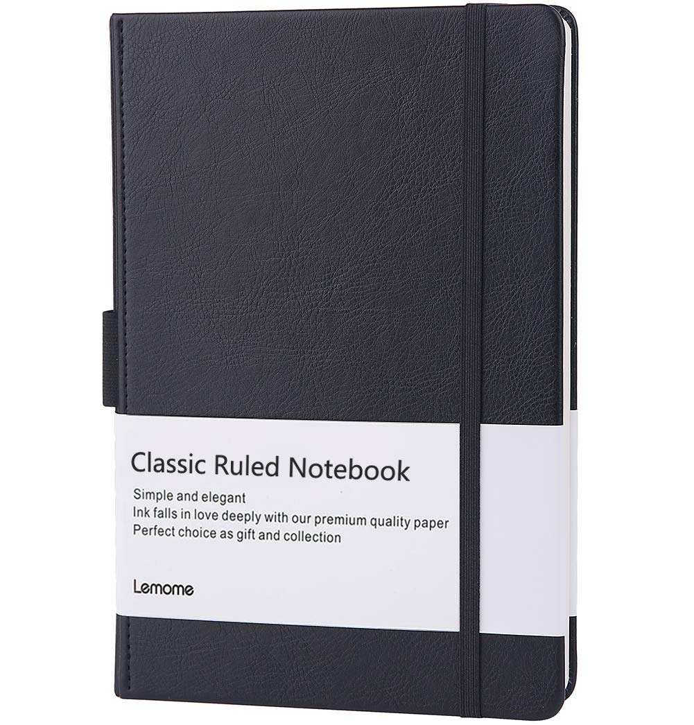 Lemome Ruled Notebook/Journal - Hardcover Lined Notebook with Pocket to Write in + Page Dividers Gifts,Banded, Large, Thick Paper, Black, 5.75 * 8.5inch