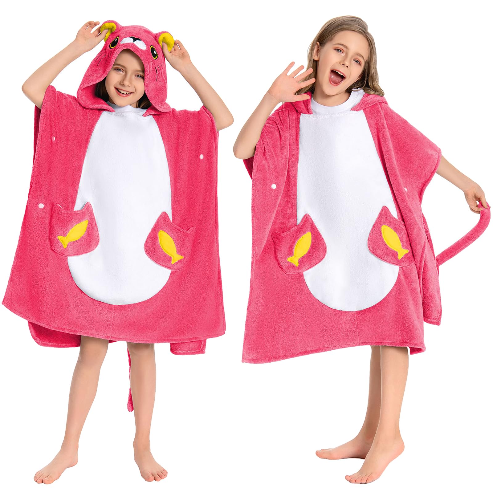 Photo 1 of OLAOLA Pink Cat Hooded Kids Beach Towels for 3-12 Years Boys Girls, Soft Absorbent Kids Hooded Bath Towel Wrap, Toddler Pool Swim Towel with Hood