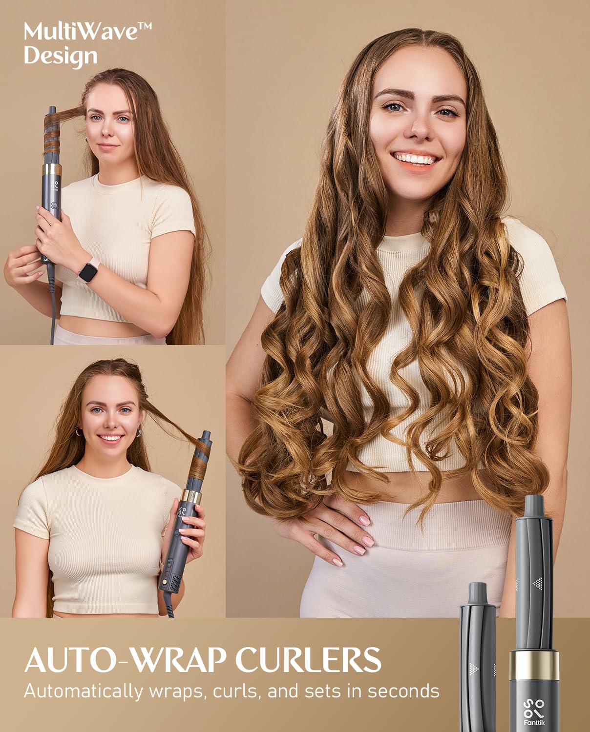 FanttikSolo 6 in 1 AirWave Air Auto Wrap Styler, Ionic Hair Dryer Brush for Curling, Straightening, Volumizing and Drying, Hair Multi-Stylers with Storage Bag, Curlers, Smooth Brush, Concentrator