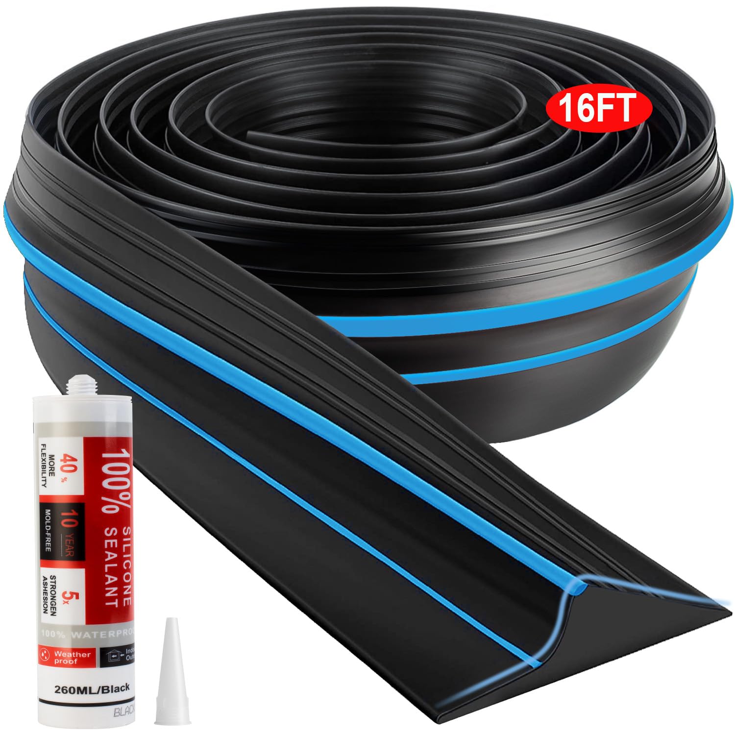 Photo 1 of Jin&Bao Universal Garage Door Threshold Seal Strip 16FT Kit, Bottom Waterproof Rubber Weather Stripping Replacement?Blue, 1 Adhesive?