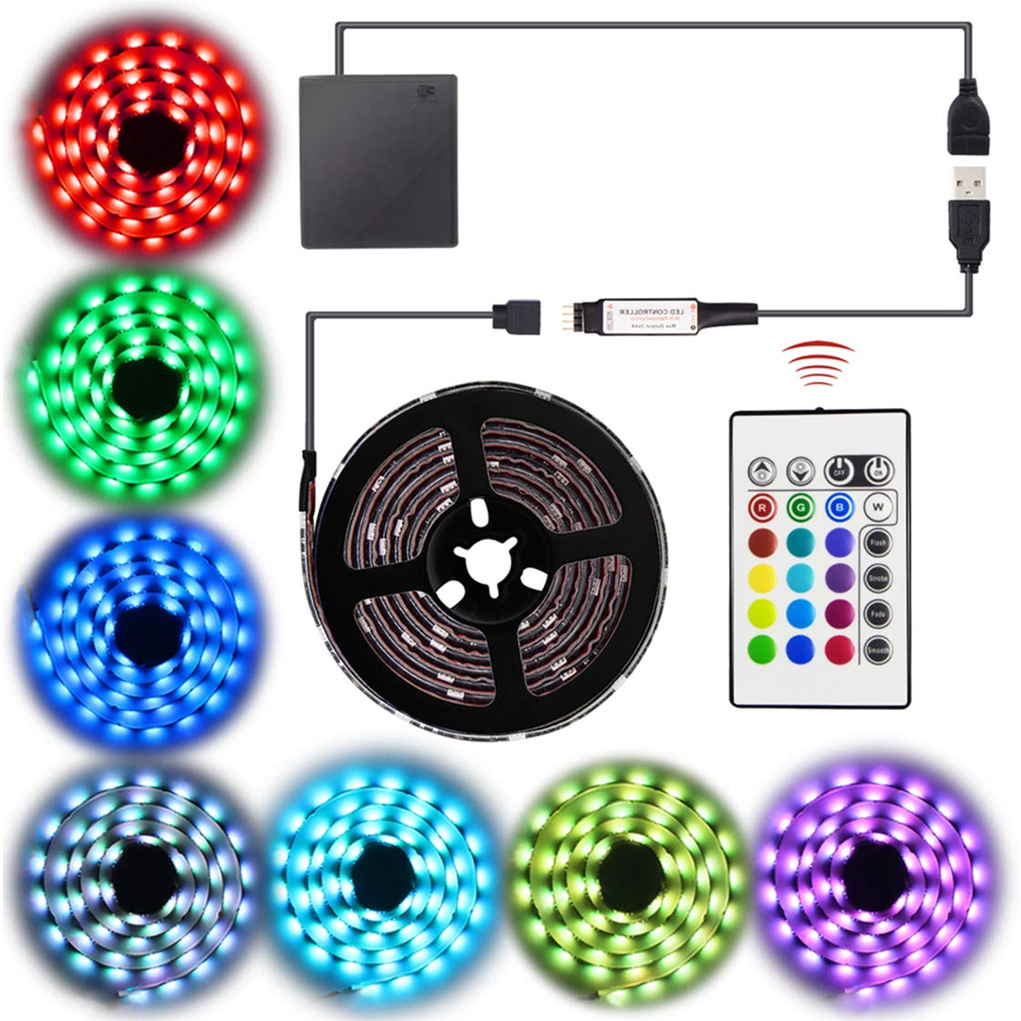 Abtong LED Strip Lights Battery Operated USB Powered TV Backlight, LED Strip Battery Powered with RF Remote Waterproof RGB LED Strip Rope Lights Multi Color Changing, 2M/6.56ft