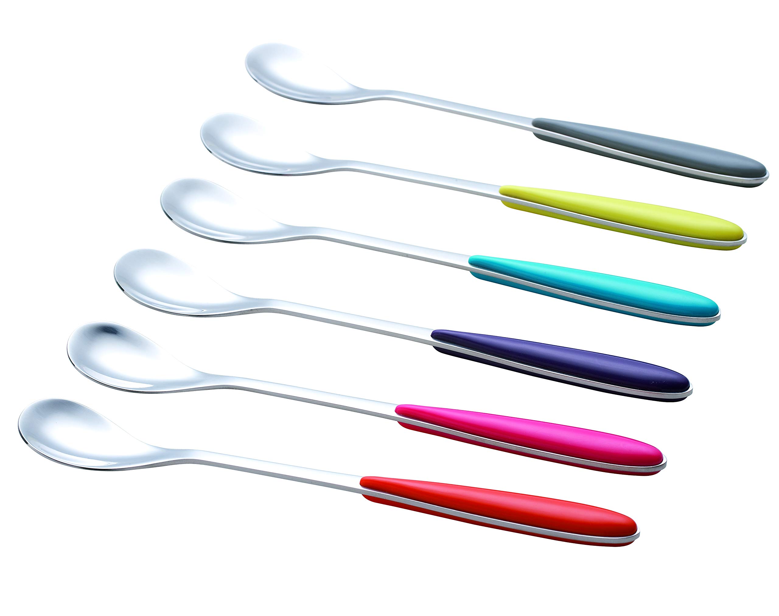 Exzact Ice-Cream Sundae Spoon 6pcs Stainless Steel Assorted Colours - Long Handle, Latte Spoon, Ice Tea Stirring - Coffee, Dessert, Hot Chocolate