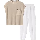 ANRABESS Women Two Piece Outfits Summer Sweater Vest Crop Top Pants Lounge Matching Set Travel Airport Beach Vacation Clothes
