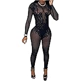 SONHWIL Women's Lace Flower Hollow Jumpsuits long sleeve see through jumpsuit for Club Party