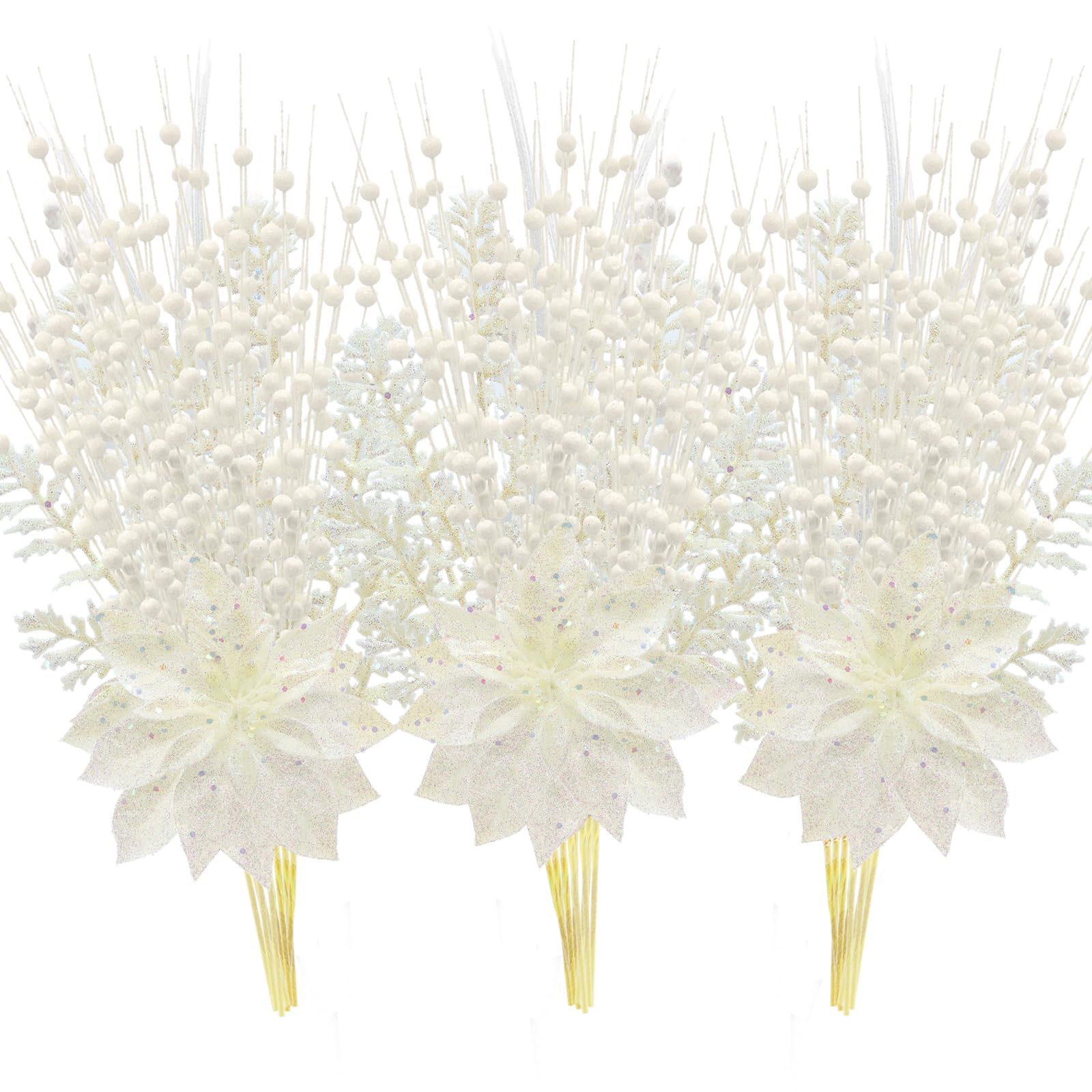 Photo 1 of 18 Pack Christmas Tree Ornaments Set, 17.5 Inch White Fake Christmas Picks Decorations with 2 Styles, Artificial Glitter Berry Stem Ornaments for Christmas Tree Wedding Small Vase Wreath Decor