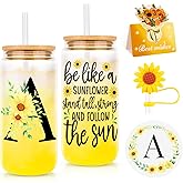 WINOWIMO Initial Glass Cups with Lids and Straws, Personalized Sunflower Gifts for Women, Iced Coffee Cup Glass Tumbler, Birthday Thank You Get Well Sunshine Gifts for Sisters Mom Her Women (A)