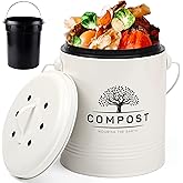 Perfnique 1.3 Gal Kitchen Compost Bin with Lid, Countertop Compost Caddy | Indoor compost bucket with inner bucket liner and carbon filter, compact food waste bin, farmhouse kitchen decor