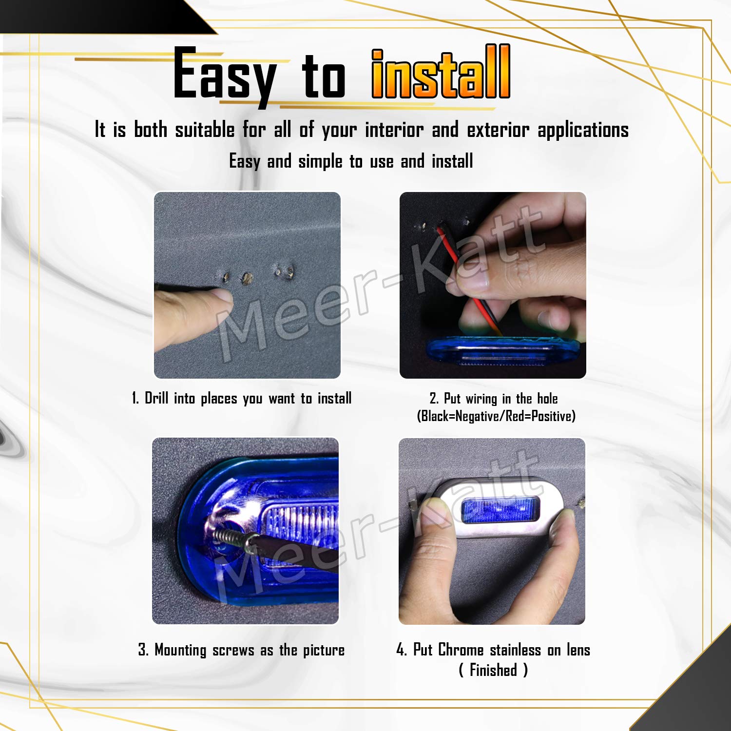 Meerkatt (Pack of 10) 3 Inch Oblong Amber LED Marine Courtesy Light Sealed Flush Mount Clearance Lamp for Yacht Stair Deck Garden Boat RV Cabin Truck Waterproof 12V DC with Chrome Stainless Bezel UV12