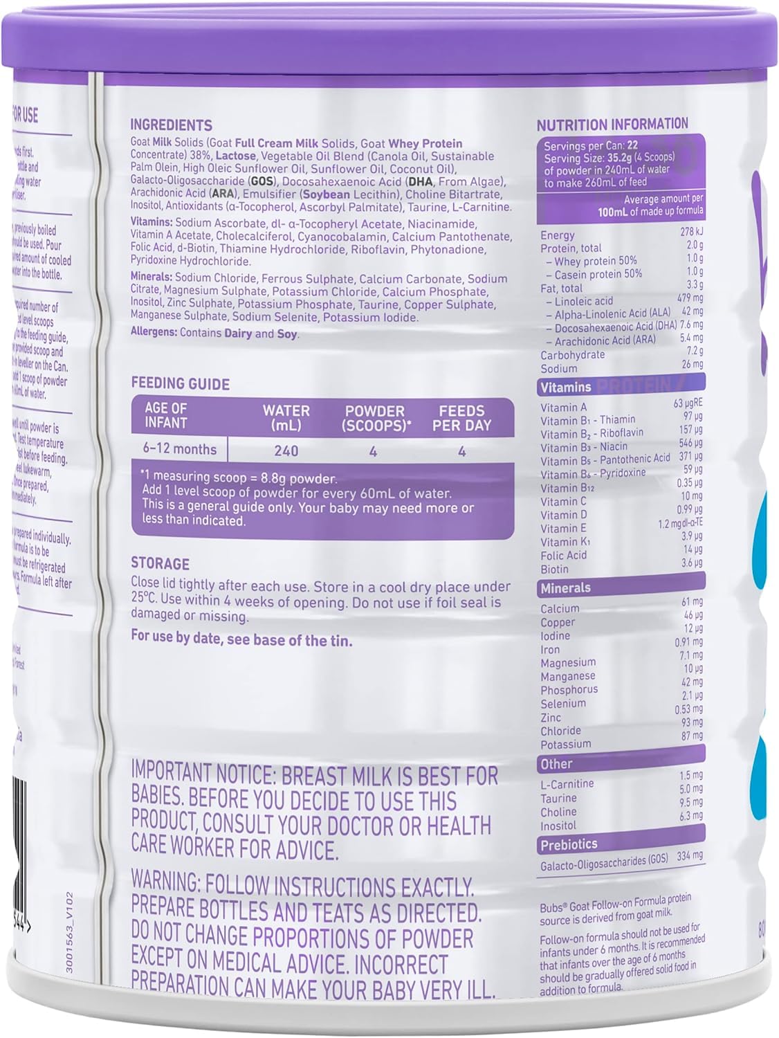 Bubs Goat Milk Follow-On Formula Stage 2, Babies 6-12 months, Made with Fresh Goat Milk, 28.2 oz