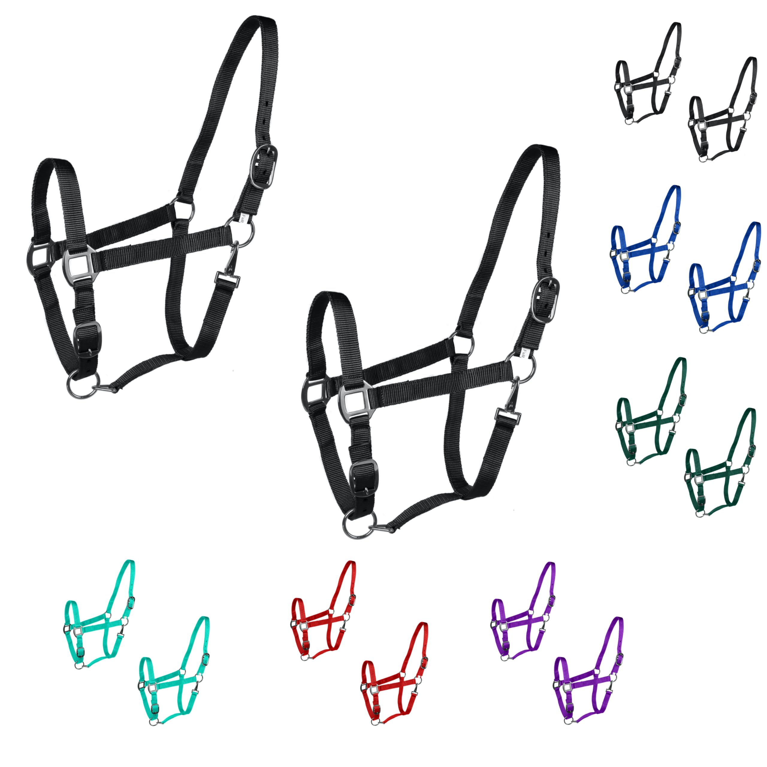 Majestic Ally Pack of 2 Adjustable Headcollar for Horses–Adjustable Chin and Crown– Sewn-in Throat Snap Hook- Full (Black, Full)