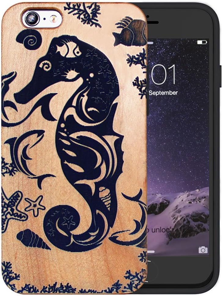 JuBeCo Patterni Design For iPhone 6/6s(4.7inch) ,Handmade Natural Solid Wood Case+TPU Buper.iPhone Protective(sea horse)