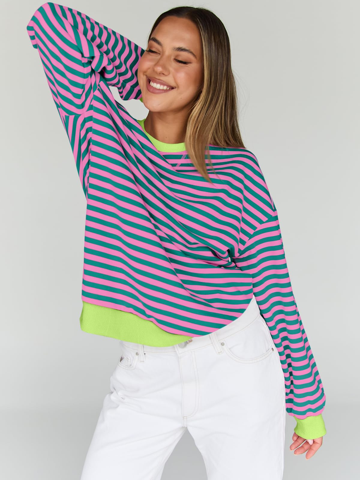 Trendy Queen Oversized Sweatshirt for Women 2025 Summer Crewneck Striped Long Sleeve Shirts Hoodies Cute Top Y2K Outfits