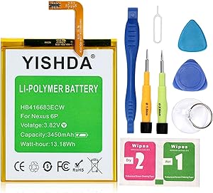 Nexus 6P Battery, YISHDA 3450mAh Replacement HB416683ECW Battery for Huawei Google Nexus 6P H1511 H1512 with Tools | Huawei Google Nexus 6P Battery Kit