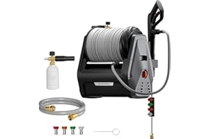 Giraffe Tools Grandfalls Retractable Wall Mount Pressure Washer Plus, Max 2900PSI 2.2 GPM, Electric Power Washer with 100ft Pressure Hose for Car/Patios, Automatic Rewind, Dark Silver