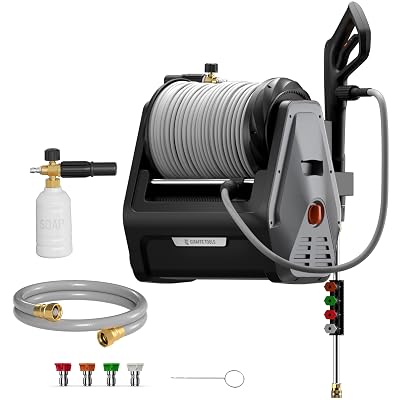 Giraffe Tools Grandfalls Retractable Wall Mount Pressure Washer Plus, Electric Power Washer with 100ft Pressure Hose, Max 2900PSI 2.2 GPM, Automatic Rewind, Any Length Lock, Dark Silver