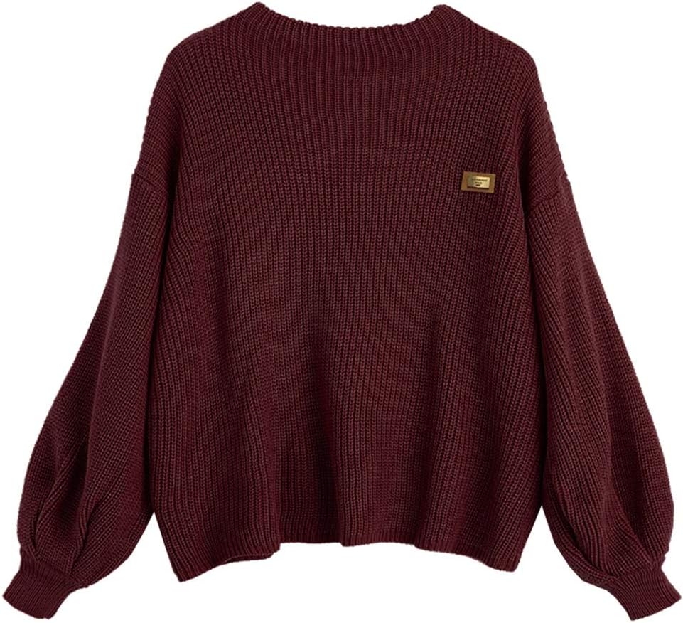 ZAFUL Women's Casual Loose Knitted Sweater Lantern Sleeve Crewneck Fashion Pullover Sweater Tops
