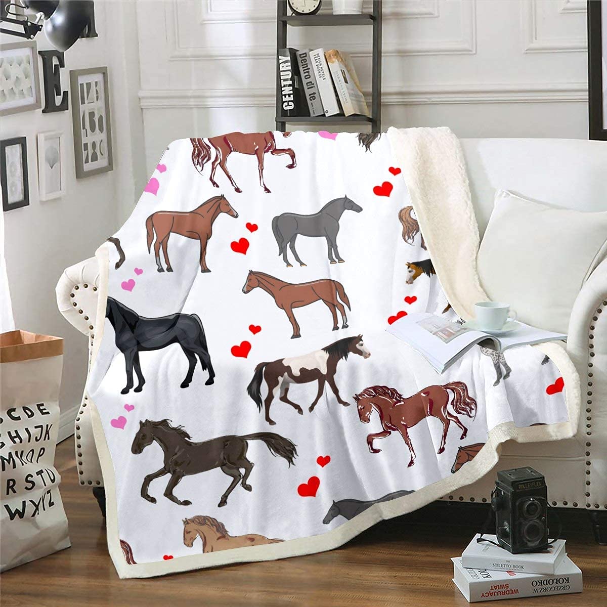 Loussiesd Cute Horse Blanket Throw for Kids Girls Ponies Heart All Season Plush Blanket Couch Sofa Throws Cartoon Farm Animals Horse Baby 30"x40"