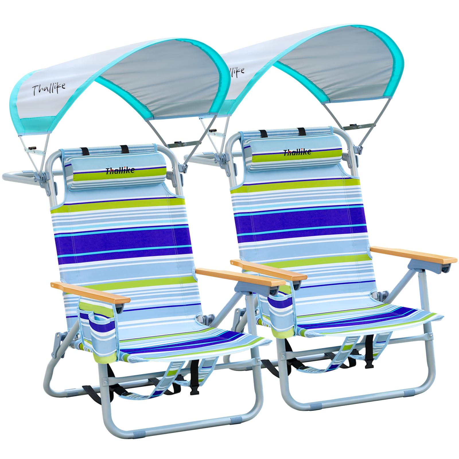 Photo 1 of 2 Pack Backpack Beach Chairs with Canopy Headrest Cooler Bag Cup Holder Towel Bar 4-Position Recline Wooden Armrests Aluminum Frame Folding Beach Chair for Adults Camping Supports 400 lbs