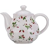 Lonovel Porcelain Teapots,Lovely Strawberry Design Tea Pot for Tea or Coffee,Ceramic Teapot with Lids,Home and Kitchen Dining Serveware Pot,Beige