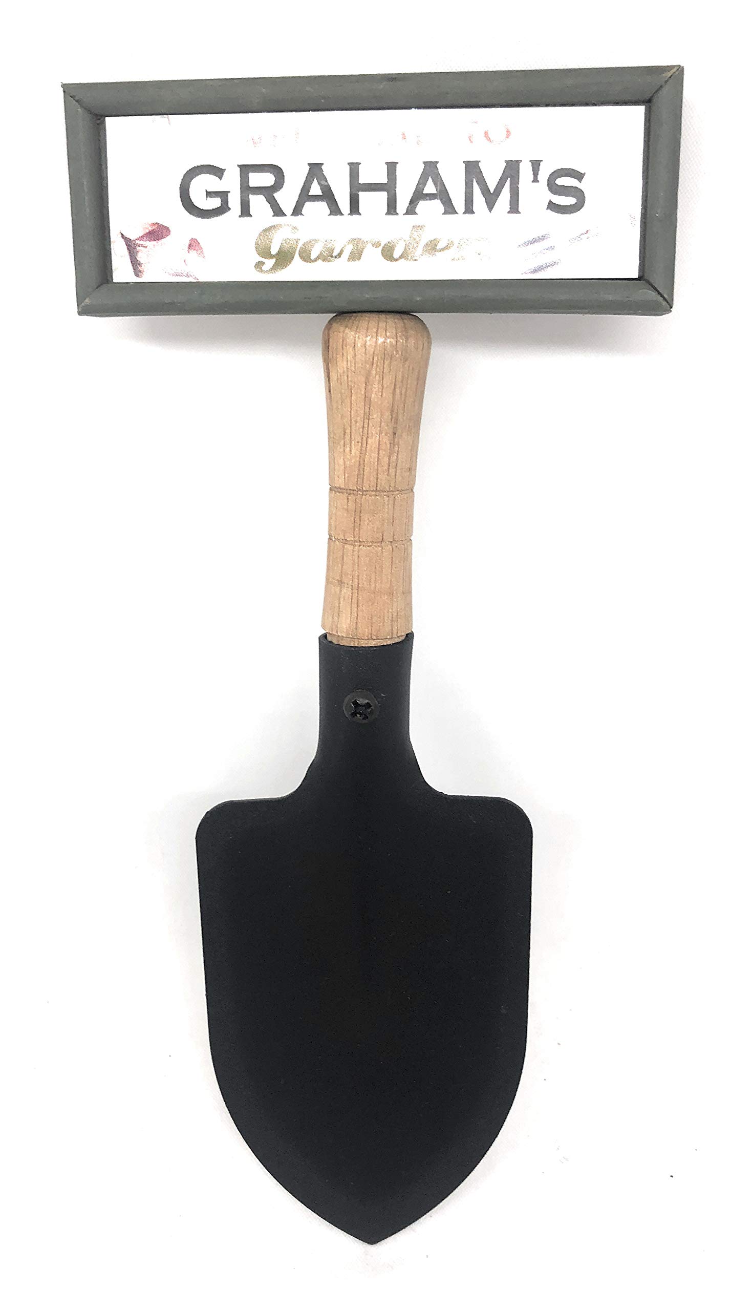 "Welcome to Graham's garden" hanging shovel sign