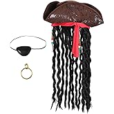 Yolyoo Pirate Hat with Dreadlocks Faux Leather Tricorn Pirate Hat Pirate Captain Hat Costume Accessories Eye Patch Earring for Halloween Cosplay Party