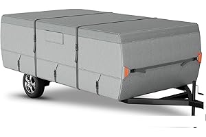 Tuszom 7 Layers Pop Up Camper Cover, Waterproof Folding Camping Trailer Cover for Winter Snow Upgraded Tearproof RV Cover with Windproof 5+2 Straps (7 Layers Non-Woven Fabric, 12'-14' Length)