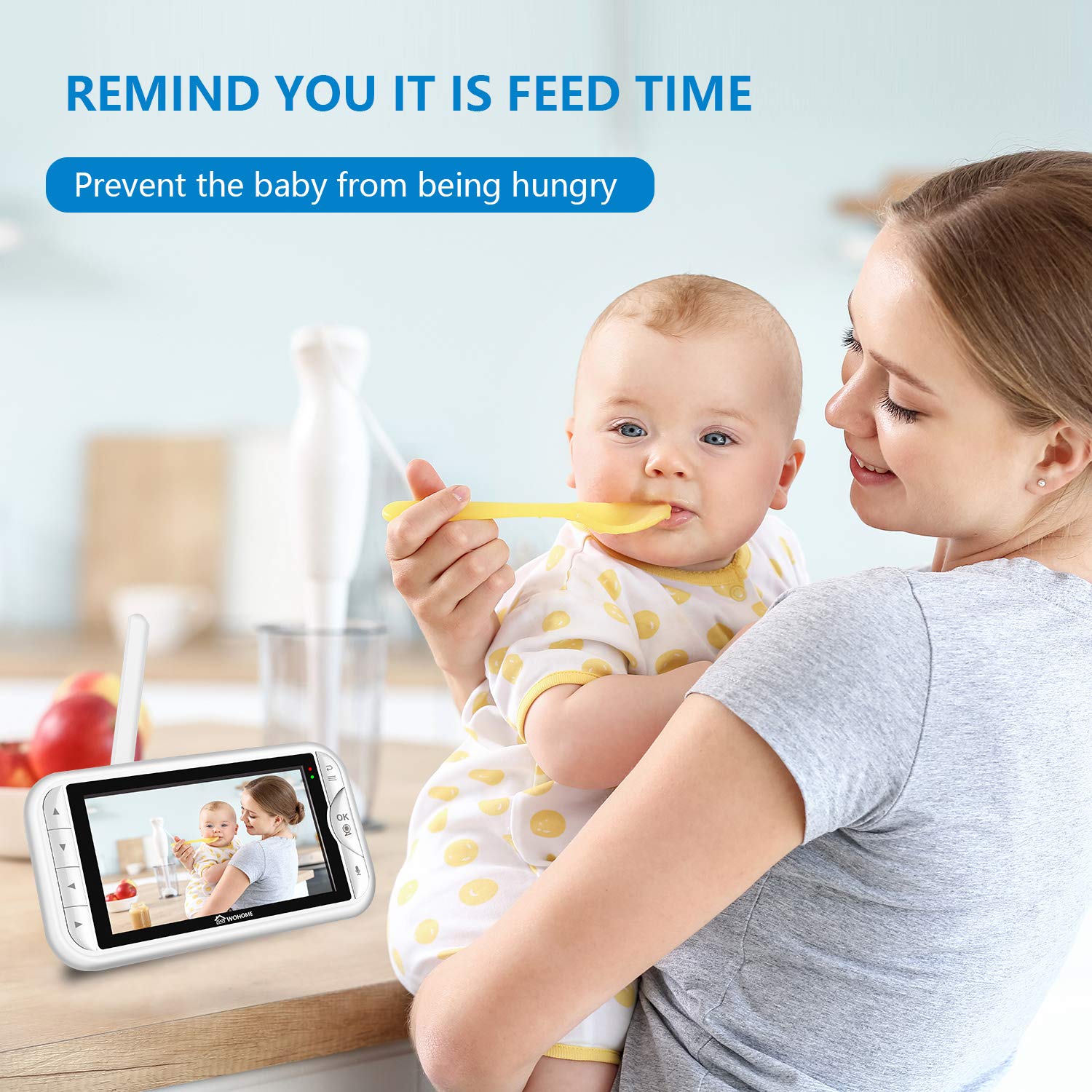 Wohome LY-129 Video Baby Monitor with Camera and Audio, Remote Pan, Tilt, One-click Zoom, 720 HD 5"Display, 2-Way Talk, 900ft Range, Tem/sound alert, Night Vision, Thermal Monitor and Wall Mount kit : Baby