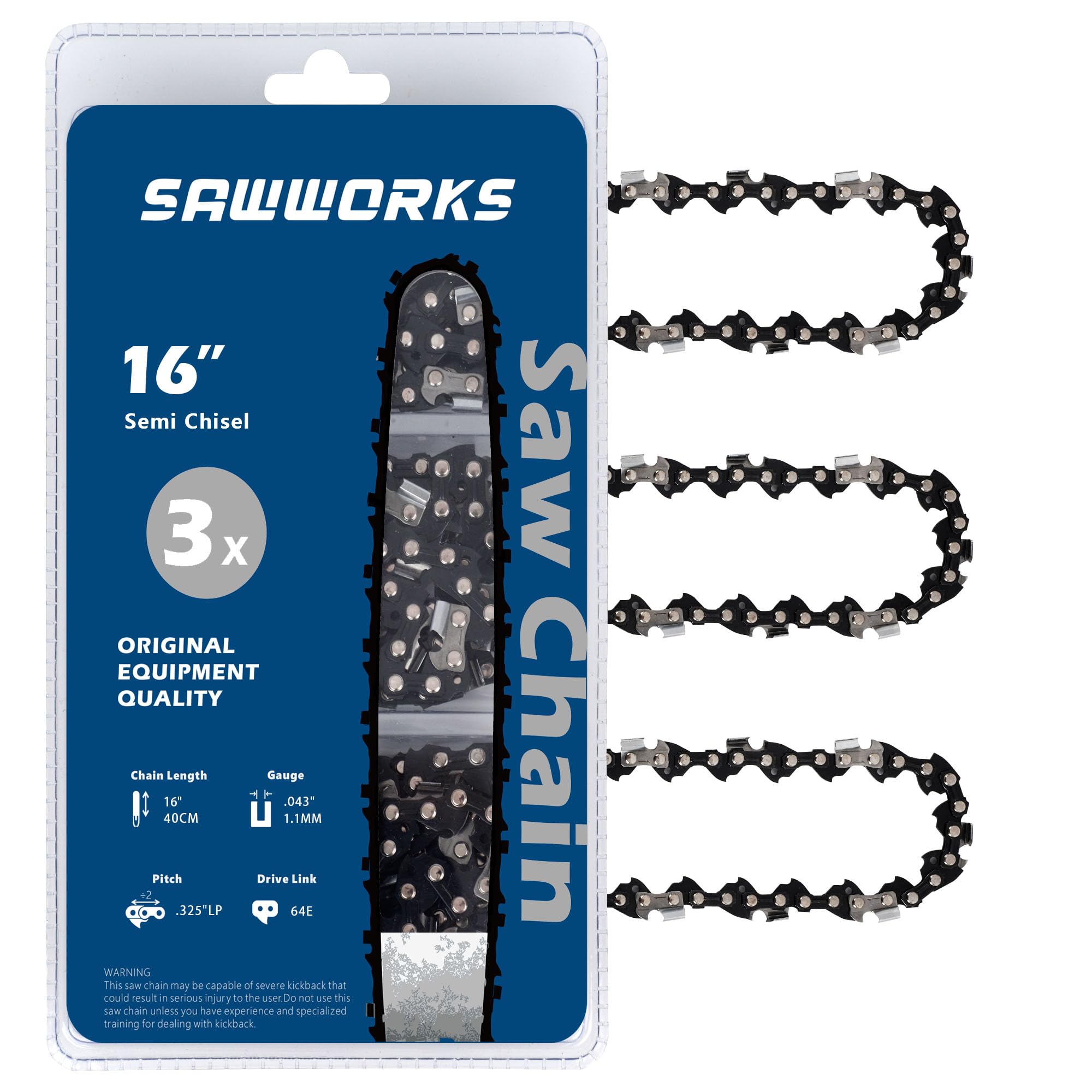 SawWorks 3-Pack 16 Inch Chainsaw Chain .325" LP Pitch .043" Gauge 64 Drive Links Fits SP21G Husqvarna 540iXP, T540iXP, T540XP II, T540XP Mark III, Dewalt DCCS674, Oregon 80TXL064G and More Image