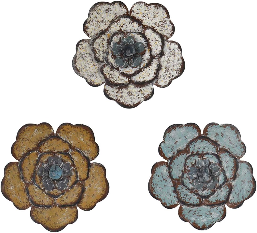 Plaques & Wall Art - 8 Inch Colorful Large Metal Flower Wall Art Multiple Layer Home Decor for Outdoor Bedroom Living Room Office Garden Set of 3