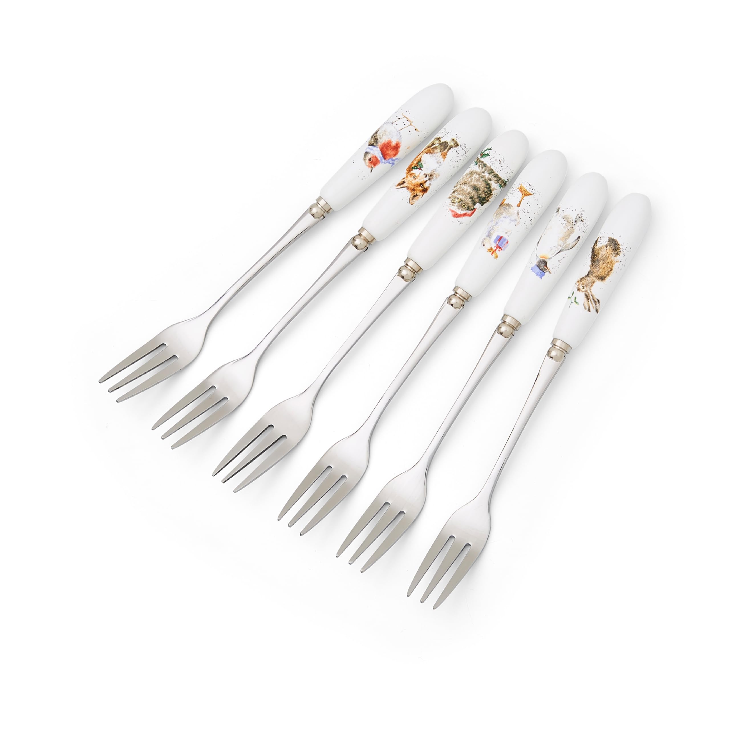 Royal Worcester x Wrendale Set of 6 Pastry Forks - Stainless Steel with Porcelain Handles, Christmas Designs, Durable and Suitable for Desserts or Everyday Use