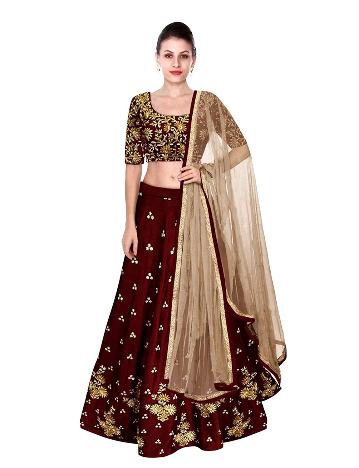 bhurakhiya women's tafeta lehanga choli (bh1009_maroon_ free size)