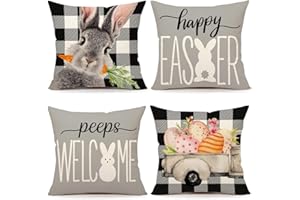 4TH EMOTION Easter Pillow Covers 18x18 Set of 4 Easter Decorations for Spring Farmhouse Pillows Easter Decorative Throw Pillows Buffalo Plaid Bunny Eggs Welcome Peeps Throw Cushion Case for Home Decor TH163