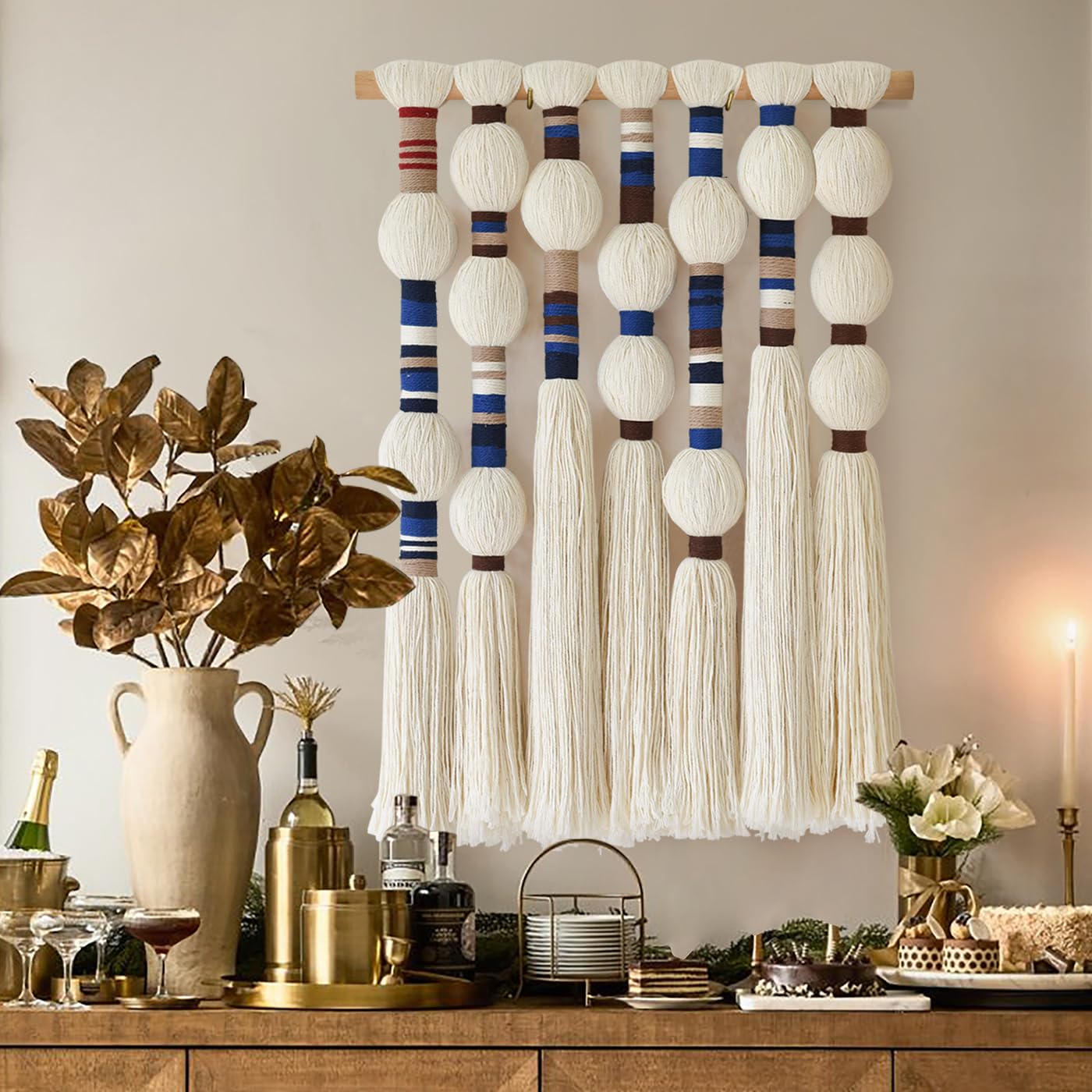 Photo 1 of Flber Macrame Wall Hanging Woven Blue Handmade Cotton Yarn with Ball-shaped Tassels Geometric Boho Wall Decor for Bedroom & Living Room 15.7" Wx 21.6" L