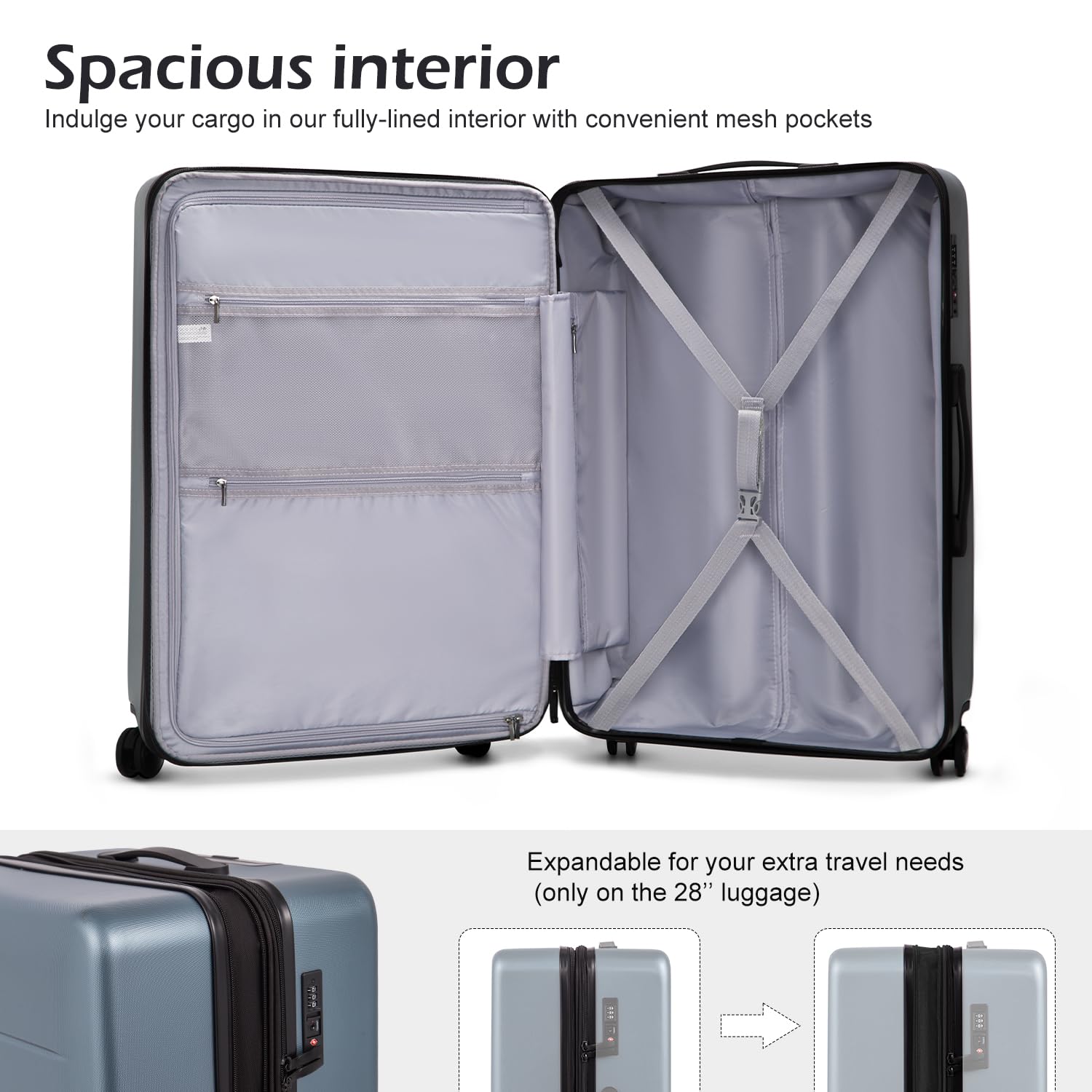 Coolife Luggage Suitcase Piece Set Carry On ABS+PC Spinner Trolley with pocket Compartmnet Weekend Bag(Titanium gray, 2-piece Set)