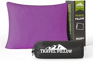 PEUJEW Small Shredded Memory Foam Pillow, Camping Pillow Travel Pillow - Compressible Medium Firm, Breathable Cover, Ideal Backpacking Hiking, Airplane and Car (Purple, S)