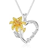 LONAGO Necklace for Grandma 925 Sterling Silver Lily Sunflower Carnation Flower Heart Necklace I Love You Grandmother Nana Pendant Women Jewelry Birthday Gift
