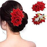 Ptwola Red Rose Flower Hair Clip Artifical Rose Flower Flamenco Dancer Floral Brooches Wedding Hairpin Hair Accessories for Ladies Girls Bridal Bridesmaid Valentines Day Party Decoration