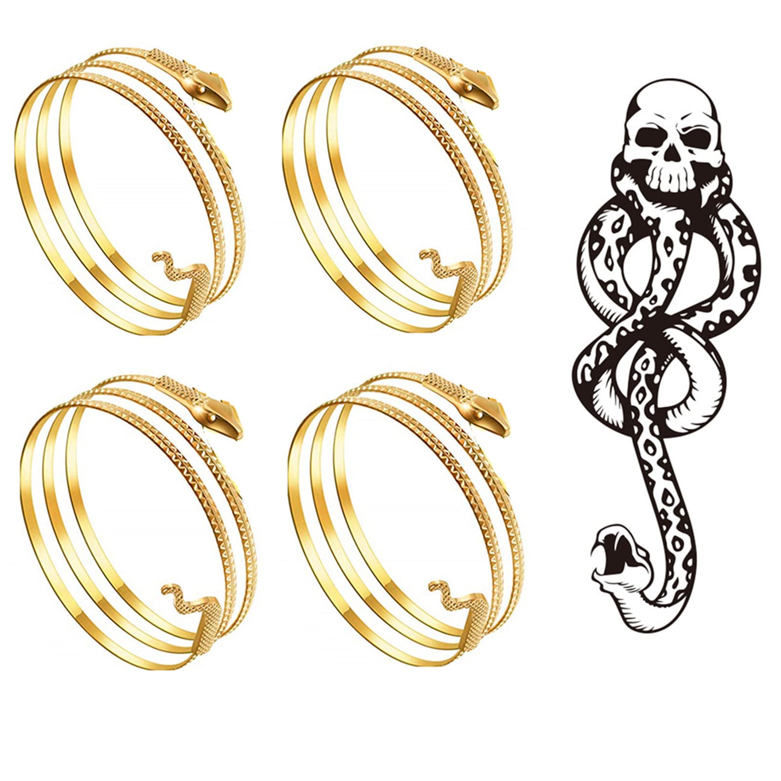 XHBTS Snake Temporary Tattoos and 4 Pack Metal Snake Armband Swirl Snake Spiral Upper Arm Cuff Armlet Bangle Bracelet Egyptian Costume Accessory for Women Gold