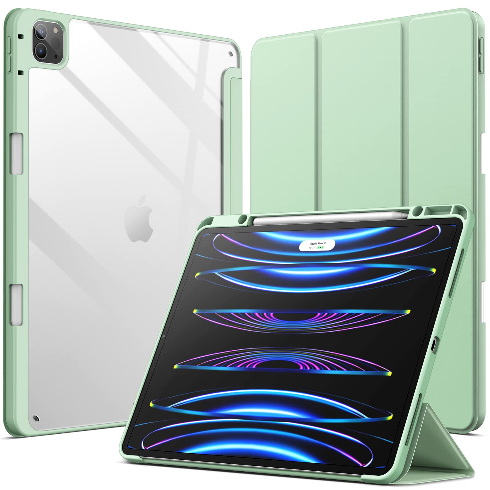 JETech Case for iPad Pro 12.9-Inch (2022/2021/2020/2018) with Pencil Holder, Clear Transparent Back Shell Slim Stand Shockproof Tablet Cover, Auto Wake/Sleep (Matcha Green)