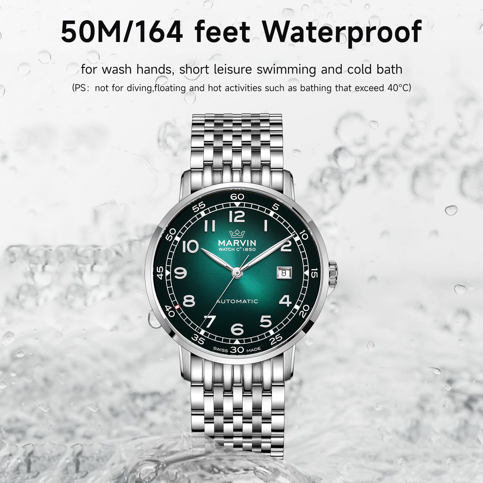 marvin Swiss Automatic Movement Watches for Men Casual Men's Watch with Stainless Steel Strap,Sapphire Glass Dial,Luminous Hands and Hour Markers,50m Waterproof