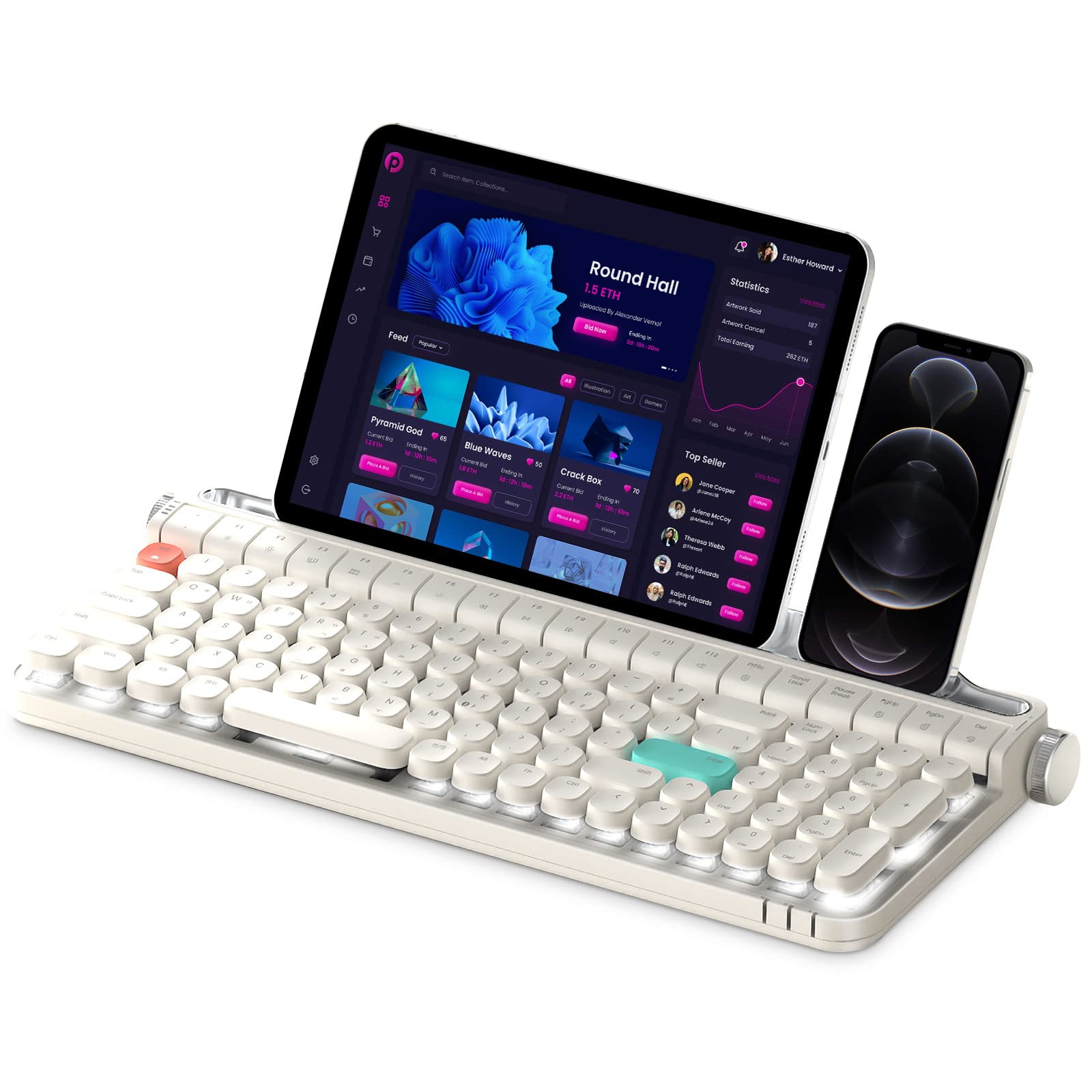 Photo 1 of Doohoeek Multi Device Mechanical Keyboard with White Lighting for PC, Computer, Laptop & iPad, Wired Bluetooth Keyboard Clicky Blue Switch & 12.9” Tablet Cradle for Windows, Android & iOS, Ivory