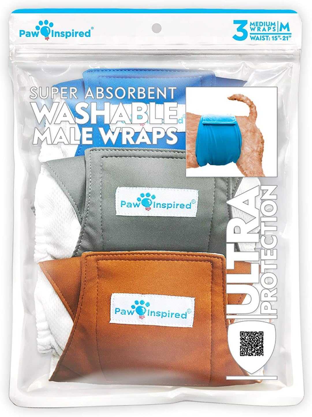 Paw Inspired Male Dog Wraps Washable, Belly Band for Dogs | Washable Dog Diapers, Reusable Male Dog Diapers for Marking (12 Count, Medium)