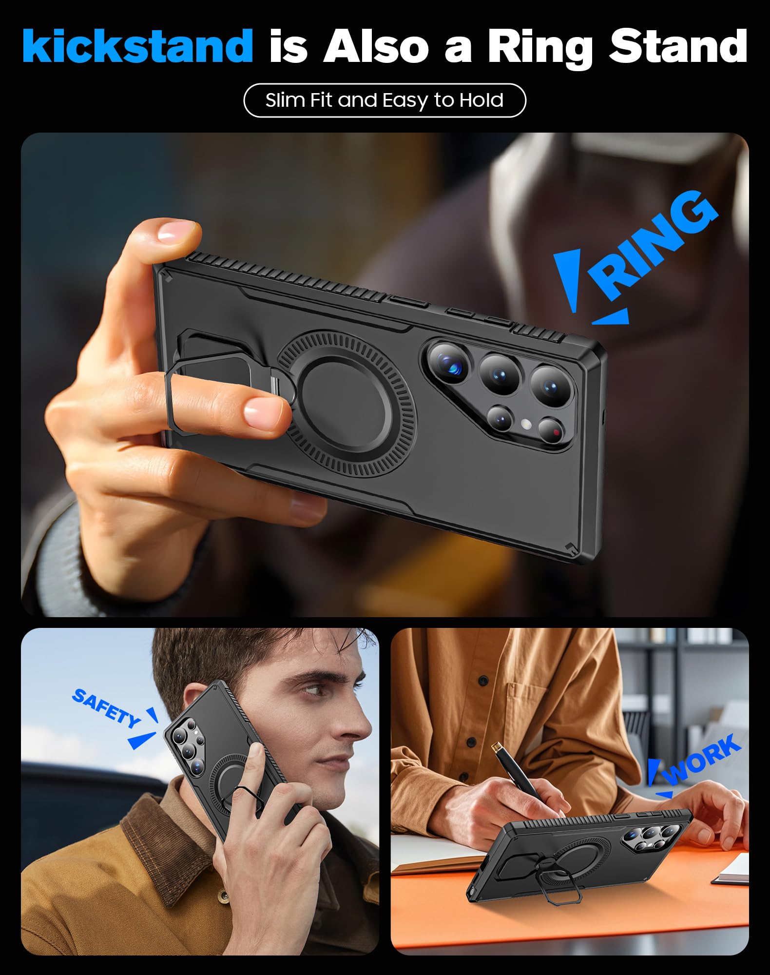 CENMASO Magnetic Case for Samsung Galaxy S25 Ultra with 360° Spin Stand, Compatible with Magsafe, Military Grade Protection, Shockproof Case for Galaxy S25 Ultra with Kickstand & Ring Stand, Black