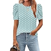 Zeagoo Blouse for Women Dressy Casual Puff Short Sleeve Boho Tops Fashion Floral Crew Neck Tunic Shirts Summer Clothes