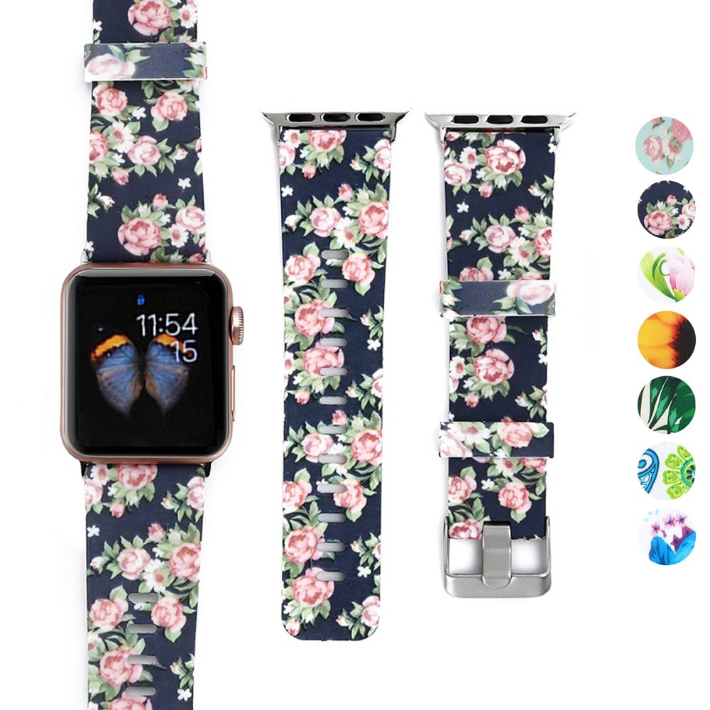 DEALELE Strap Compatible with iWatch 38mm 42mm 40mm 44mm, Printed Pattern Silicone Strap Replacement for Apple Watch Series 6/5 / 4/3 Women Men, Rose Navy, 42/44mm
