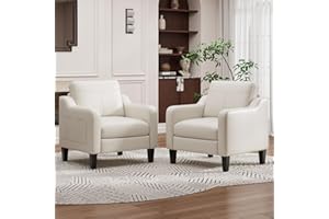 MALOL PU Leather Accent Chair Set of 2, Mid-Century Modern Living Room Armchair Sofa with Removable Cushions, Solid Wood Frame & Stitched Armrest Design, Bedroom Chair with Plastic Legs, Beige