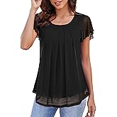 WANGZHI Womens Short Ruffle Sleeve Mesh Tunic Casual Crew Neck Pleated Tops Loose Flowy Blouse Summer Shirt 2025