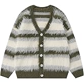 Bakyarder Men's Color Blocking Striped Fuzzy Cardigan Casual Vintage Oversized Button Down Knit Sweater
